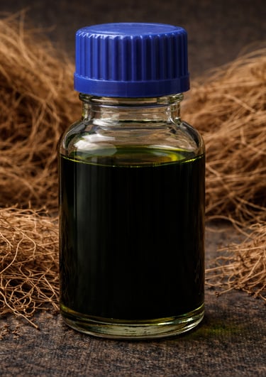 Natural vetiver oil presented in clear borosilicate glass, artisanal fragrance oil