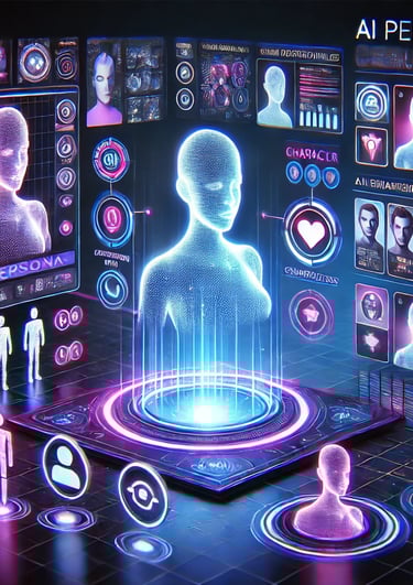 Futuristic interface showcasing AI character creation with glowing icons and profiles from the AI Persona Playbook.