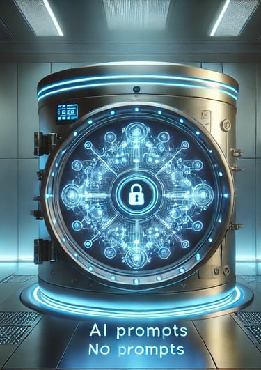 Futuristic high-tech vault with glowing AI-generated prompts, secured by a digital interface and neon blue keypad.