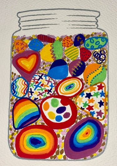 Painting of a jar of stones, sand and pebbles, painted with colourful patterns. by Emily Fewtrell