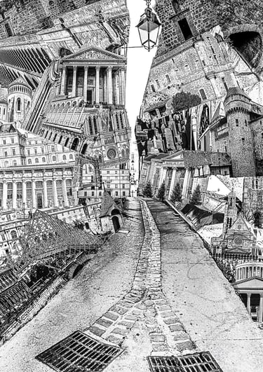 a drawing of a street scene with a street light and a street light