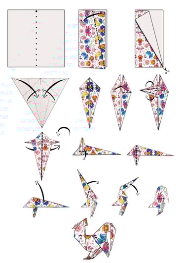 Istruzioni per creare il corpo di un gallo in origami con la carta
