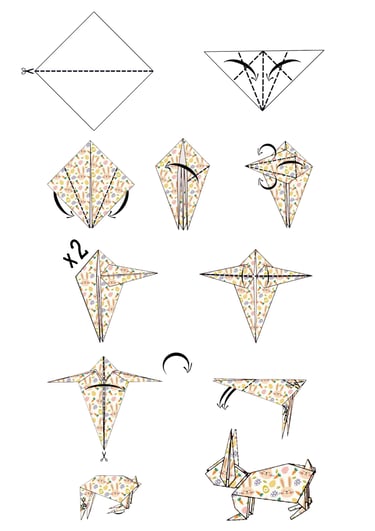Istruzioni per creare il corpo di una lepre in origami con la carta