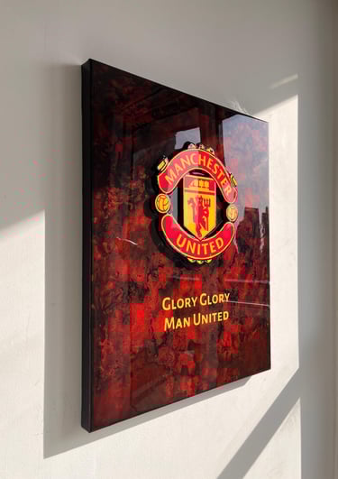 a picture of a framed picture of a manchester united football club logo