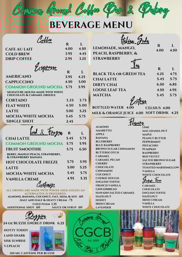 Browse the menu at Common Ground Coffee Bar & Bakery and find your perfect coffee and pastry pairing