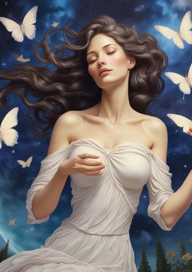 a woman in a white dress with butterflies
