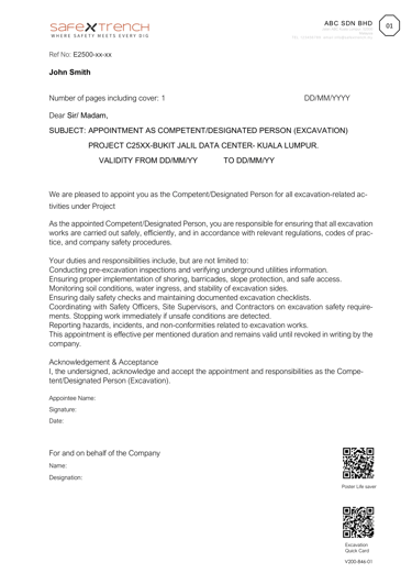 Excavation competent or designated person appointment letter template