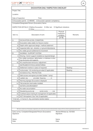 Excavation daily inspection checklist template for trench safety monitoring, hazard control