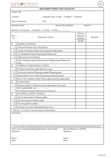Machinery inspection checklist template for excavator and heavy equipment safety checks