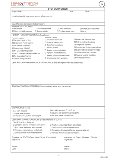 Stop work order form template for construction and excavation safety non compliance reporting