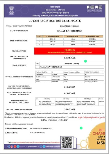 MSME registration certificate of Nadaf Enterprises