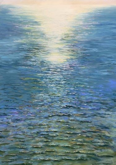 Scintillement multicolore : tableau au pastel, reflet étincelant de multiples couleurs sur la mer