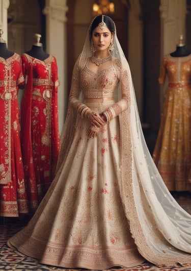a bride in a wedding dress, in backgroud showing bridal lehnghe 