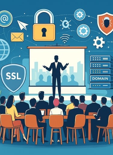 a man in a suit and tie is standing in front of a presentation screen with