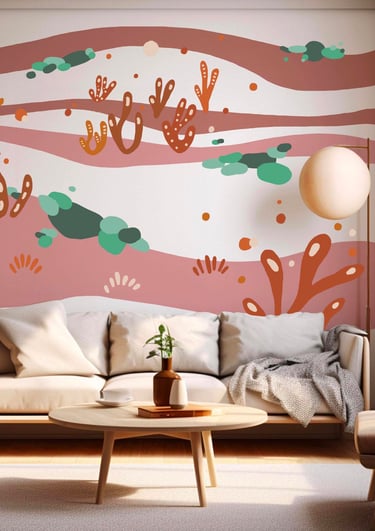 Photo d'une décore de salon avec une fresque murale sur le thème de la végétation aquatique  Eva Gir