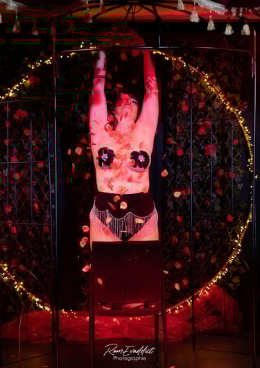 Cabaret, cols plumes, paillettes, talons strass, danseuse, showgirl, public, éventails, burlesque