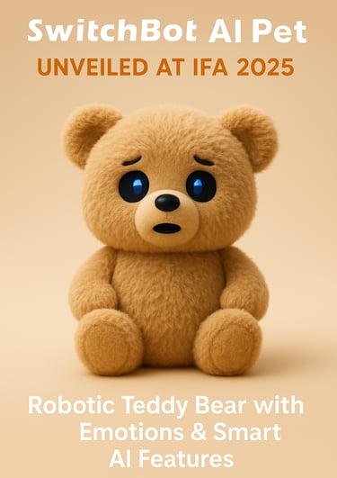 a teddy bear sitting on a table with a caption of a teddy bear