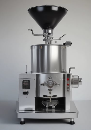A modern coffee roastery setup includes a commercial coffee roasting machine, a stainless steel workbench with stools, and framed vintage motorcycle posters on the walls. An industrial-looking light fixture with numerous exposed bulbs hangs from the ceiling, adding to the stylish decor. The room is lit by natural light coming from a window on the right.