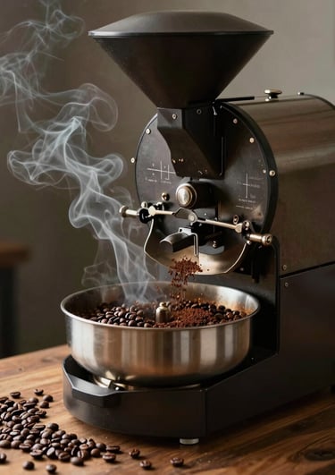A modern coffee roastery setup includes a commercial coffee roasting machine, a stainless steel workbench with stools, and framed vintage motorcycle posters on the walls. An industrial-looking light fixture with numerous exposed bulbs hangs from the ceiling, adding to the stylish decor. The room is lit by natural light coming from a window on the right.