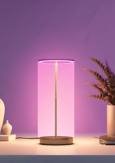 A square, clear acrylic or glass lamp is placed on a wooden surface with a black stand. It emits a soft glow of purple and blue light, casting subtle reflections and shadows on the table. The word 'KISMAS' is visible on the lamp. The background is a dimly lit room with purple lighting, creating a modern and minimalistic atmosphere.