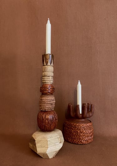 sculpture bois, terre crue , bougeoir