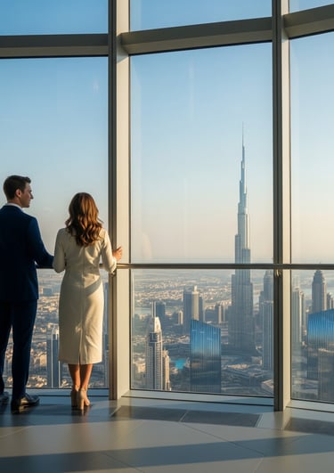 a man and woman standing in front of a large window
