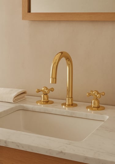 Robinet artisanal en cuivre massif doré pour salle de bain, design élégant avec  vasque blanche.
