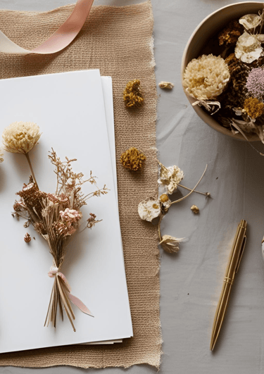 a book with a flower on it and a vase with flowers