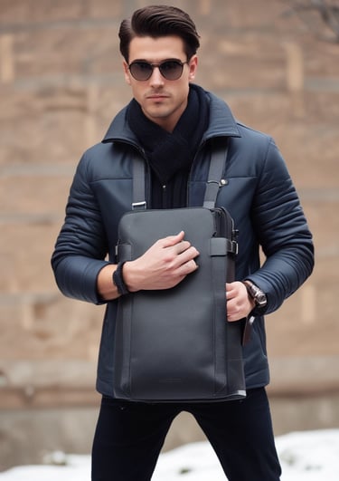 A sleek leather male handbag resting on a rustic wooden table.