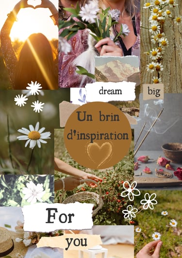 A creative mood board collage with daisies, sunset silhouettes, and inspirational quotes in French.