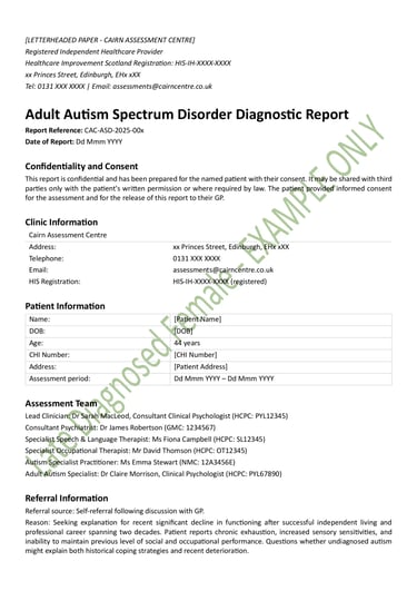 Redacted example of a legitimate ASD diagnostic report for an adult late-diagnosed female in Scotland. Page 1 of 9