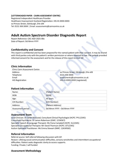 Redacted example of a legitimate ASD diagnostic report for a late-diagnosed adult in Scotland. Page 1 of 6