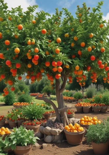 Young green seedlings are sprouting from rich, dark soil in a garden or plant nursery environment. In the background, out of focus, there is a larger plant in a terracotta pot surrounded by lush trees, suggesting a healthy and vibrant growth setting.