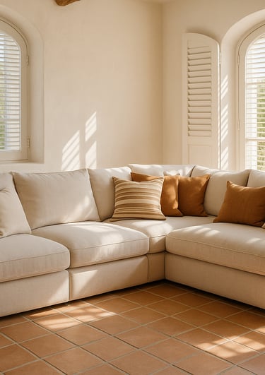 Sofá esquinero beige con cojines decorativos en salón mediterráneo con ventanas arqueadas y luz natu