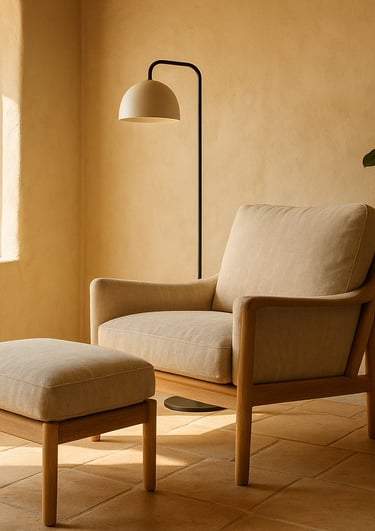 Sillón tapizado con reposapiés en rincón de lectura mediterráneo con planta decorativa y lámpara de 