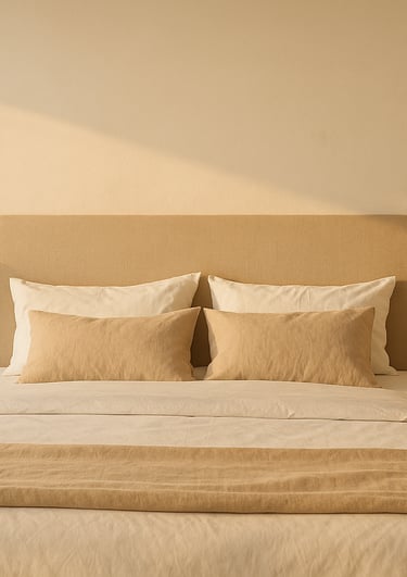 Cama con cabecero tapizado y mesitas de noche de madera en dormitorio cálido con lámparas de cerámic