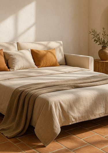 Sofá cama desplegado con ropa de cama beige y cojines decorativos en ambiente mediterráneo acogedor.