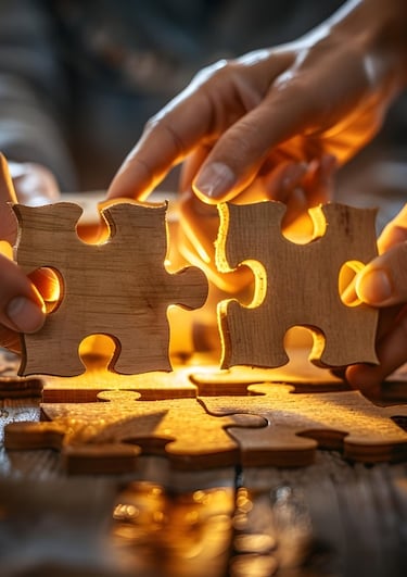 Close-up of diverse hands connecting wooden puzzle pieces on a rustic table, symbolizing teamwork and problem-solving.