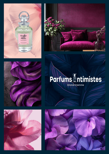 Moodboard intimiste parfums sensoriels pétales de fleur textures douces et enveloppantes