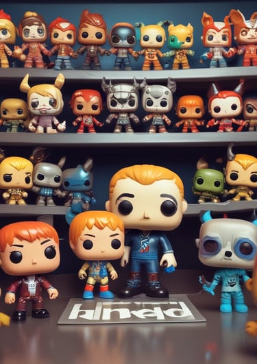 A Funko Pop figure stands on a rough-textured surface in front of a brick wall adorned with colorful mural art, featuring red, blue, and white geometric shapes.
