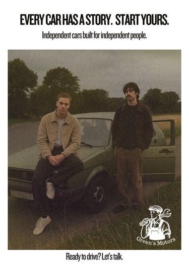 Two young men stand beside a faded green Volkswagen on a quiet country road. One sits on the bonnet.