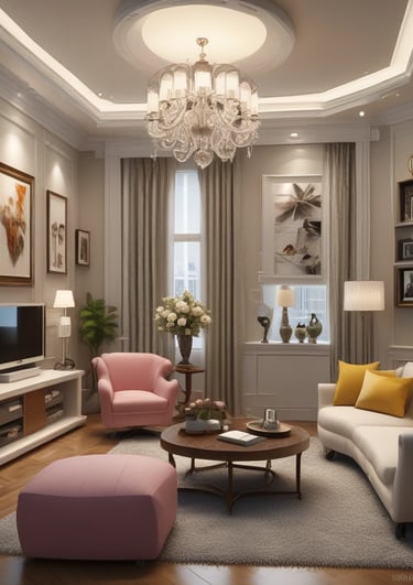 a living room with a chandelier and a chandelier