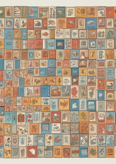 A collection of colorful toys arranged on a white surface, including wooden blocks, a sock monkey, toy cars, a Rubik's cube, train pieces, LEGO bricks, a green ring, a miniature traffic cone, a lollipop toy, and small figurines.