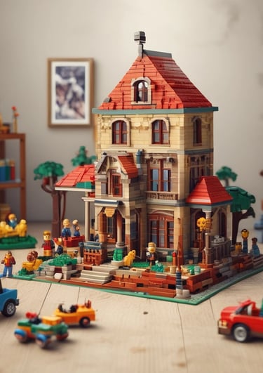 A brightly lit toy store aisle with shelves stocked with various boxed toys, including model cars, helicopters, building blocks, and plush toys. The shelves are organized with items of different shapes and colors, and the packaging features colorful designs and cartoon characters.