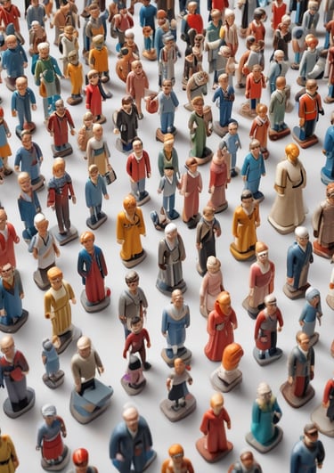 Brightly colored children's toys are scattered on a flat surface. There is a blue and yellow watering can, a yellow cylindrical container, a smiley face keychain, and two cards with illustrations of cartoon girls. Additional toys include a yellow ball, a cookie cutter, and a red ball.