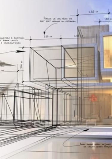 Mano dibujando planos sobre una imagen digital de casa moderna, ilustrando el proceso creativo