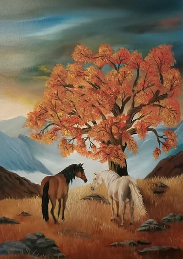 a painting of 2 horses infront of a large oak tree in autumn colours with mountains and morning mist