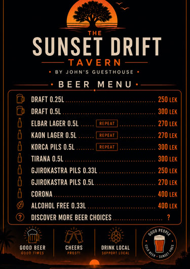 Vintage-style beer price list poster for The Sunset Drift Sea Side Tavern by John’s Guesthouse, feat