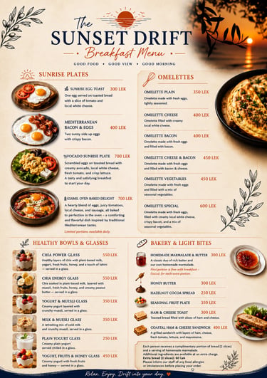 Breakfast menu for The Sunset Drift Tavern by John’s Guesthouse, featuring sunrise plates, omelettes