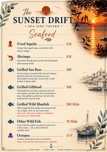 Seafood menu for The Sunset Drift Tavern by John’s Guesthouse, featuring grilled sea bass, grilled g
